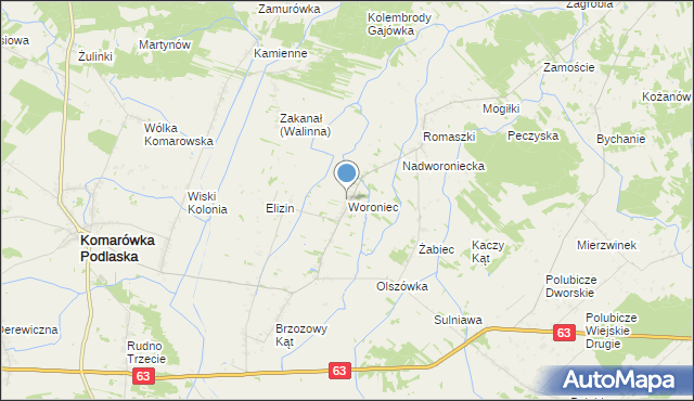mapa Woroniec, Woroniec gmina Komarówka Podlaska na mapie Targeo
